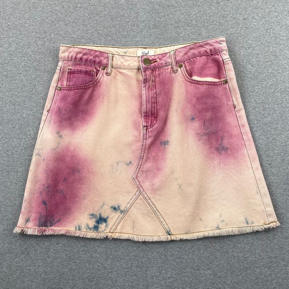 Easel Tye Dye Denim Mini Skirt Size L Pink Peach Orange Raw Hem Preppy Summer